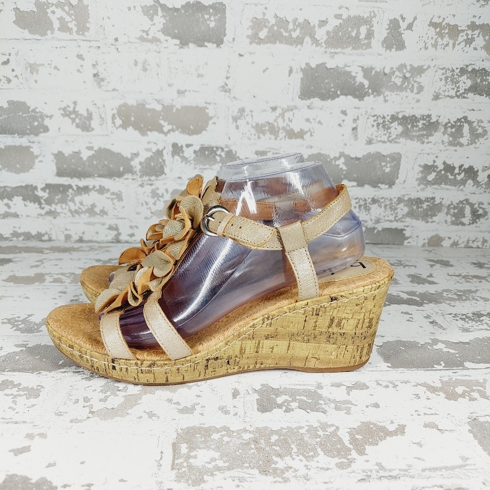 Bolo Gold Floral Cork Wedge Strappy Sandals O 412